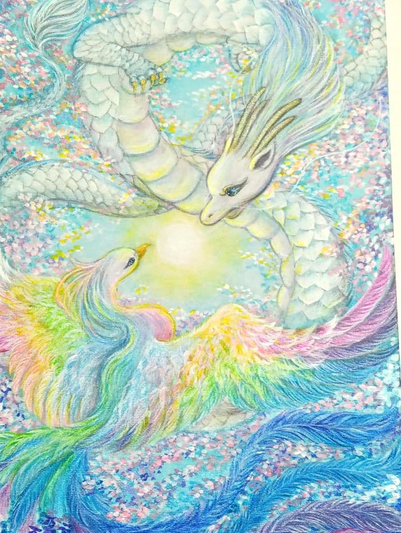 No.481 鳳凰と龍　大きめサイズ　Ｆ4 絵画　　開運絵画