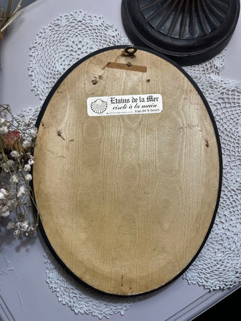 ◆フランスアンティーク｜手彫りピューター製F額壁掛け女性像、手作り雑貨置物レトロ