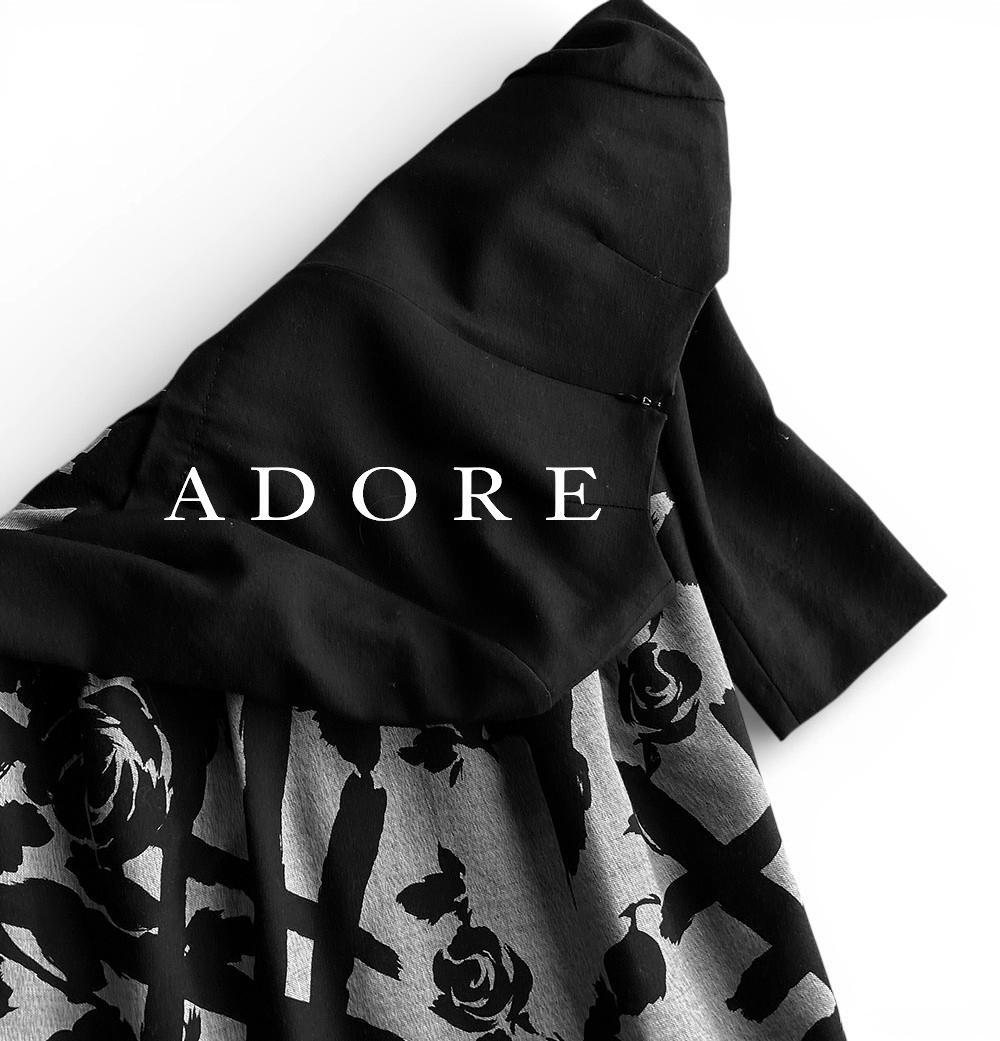 美品 アドーア 極上 落ち感ウール モノトーンボタニカルフラワー切替ワンピース