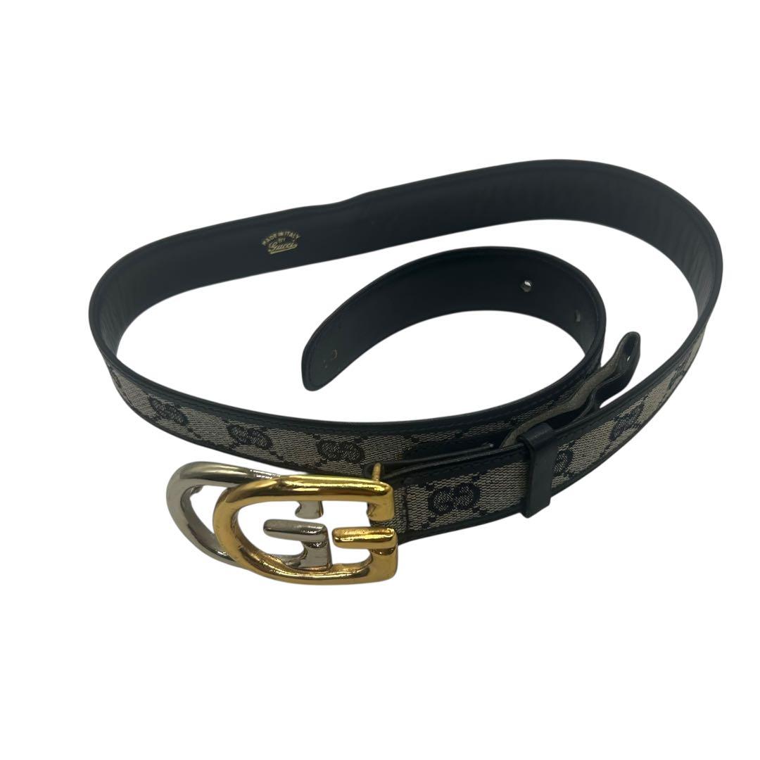 【極美品】グッチ GGキャンバス×レザー ベルト ツートーGGバックル 77cm