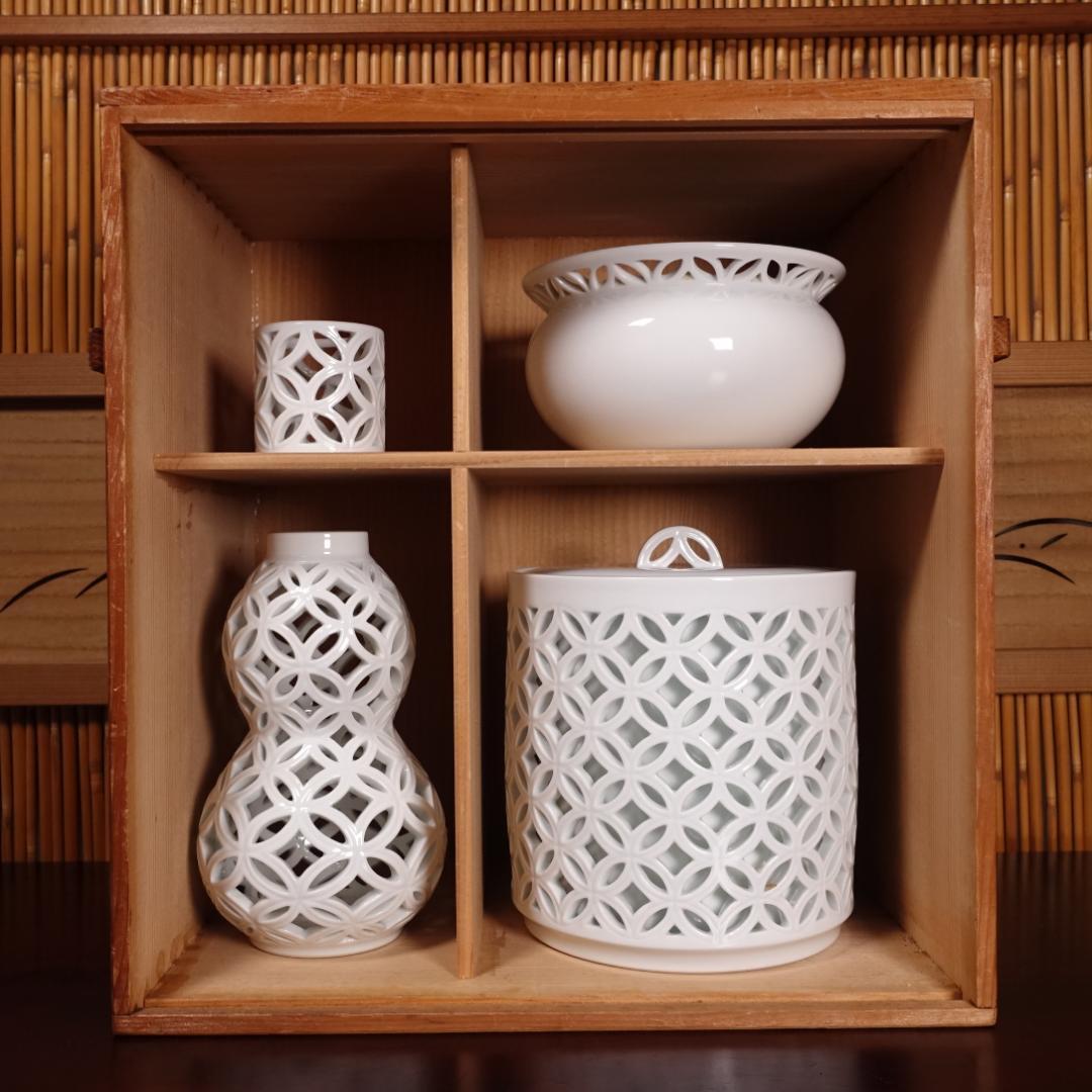 13代 横石嘉助 白磁七宝透 皆具 共箱 茶道具 平戸焼