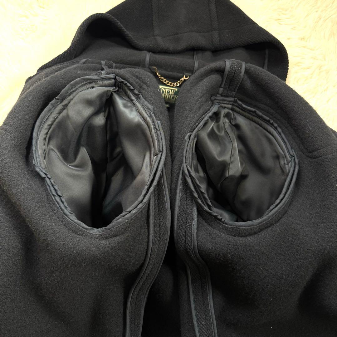 美品★ニューヨーカー ダッフルコート メンズ ヘリンボーン フード ロング丈 黒