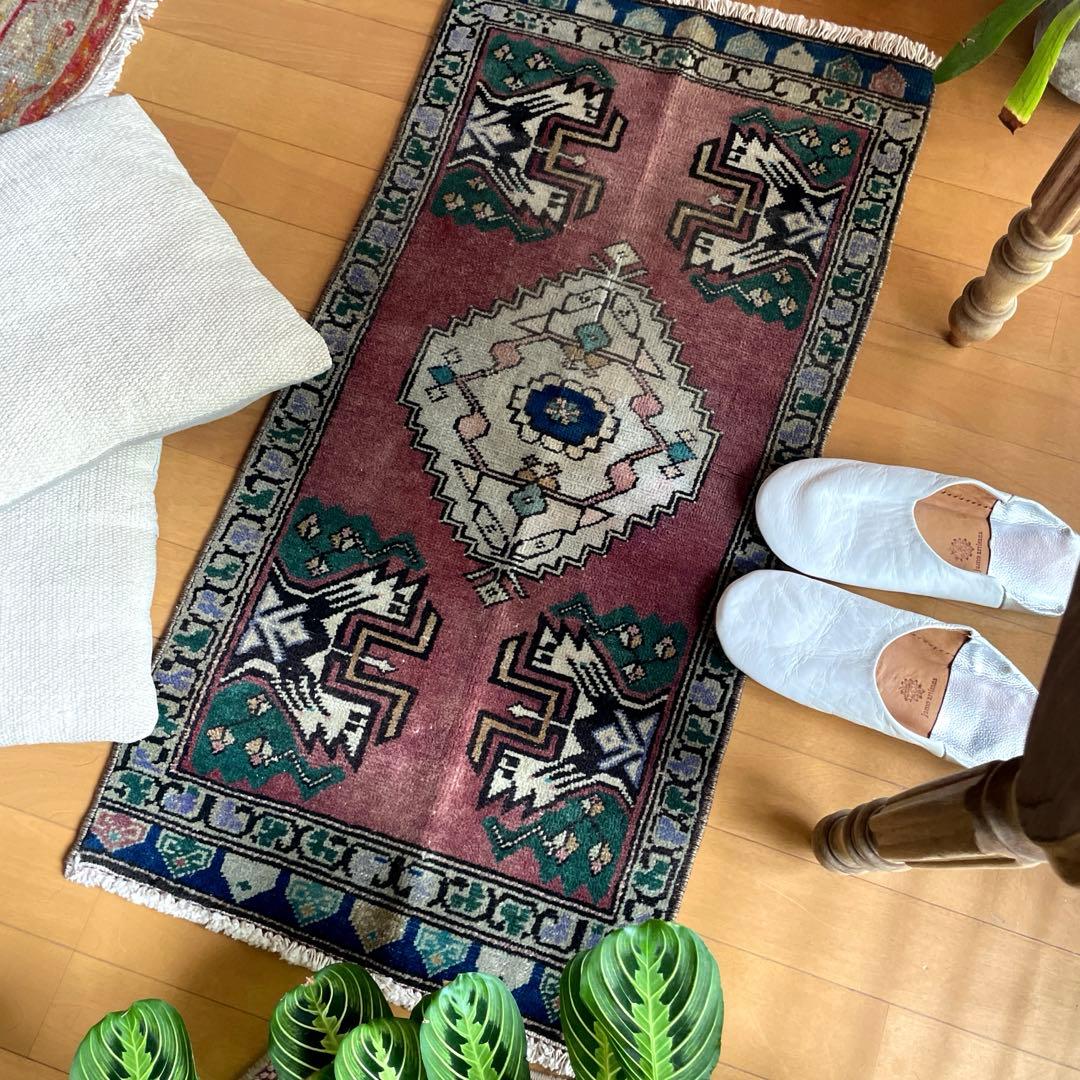 45×91 くすみグレープカラー　小さめメダリオン　トルコヴィンテージラグ