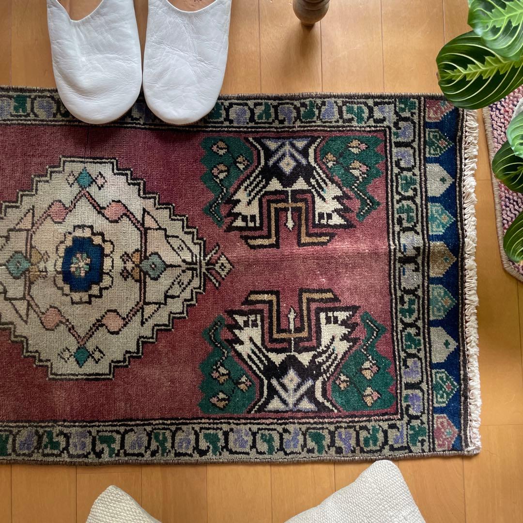 45×91 くすみグレープカラー　小さめメダリオン　トルコヴィンテージラグ