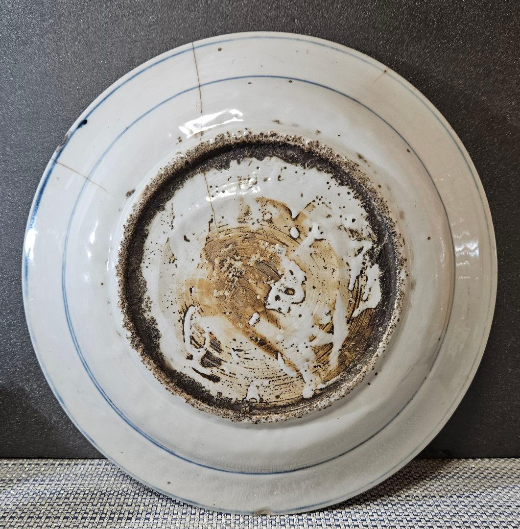 【本物保証❗️】中国古陶磁器　明朝末期　古染付　呉須皿　竹に牡丹に尾長鳥図　兜皿