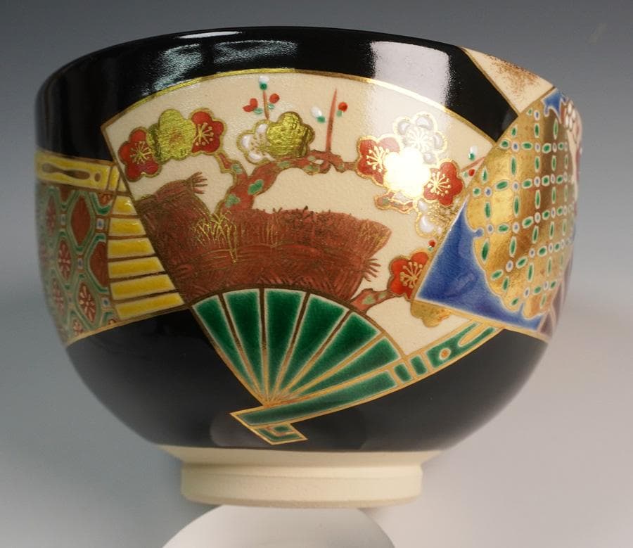 八世 高橋道八 黒釉扇面之図茶碗 共箱 茶道具