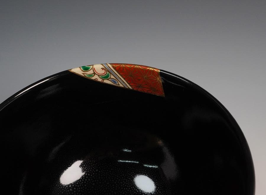 八世 高橋道八 黒釉扇面之図茶碗 共箱 茶道具