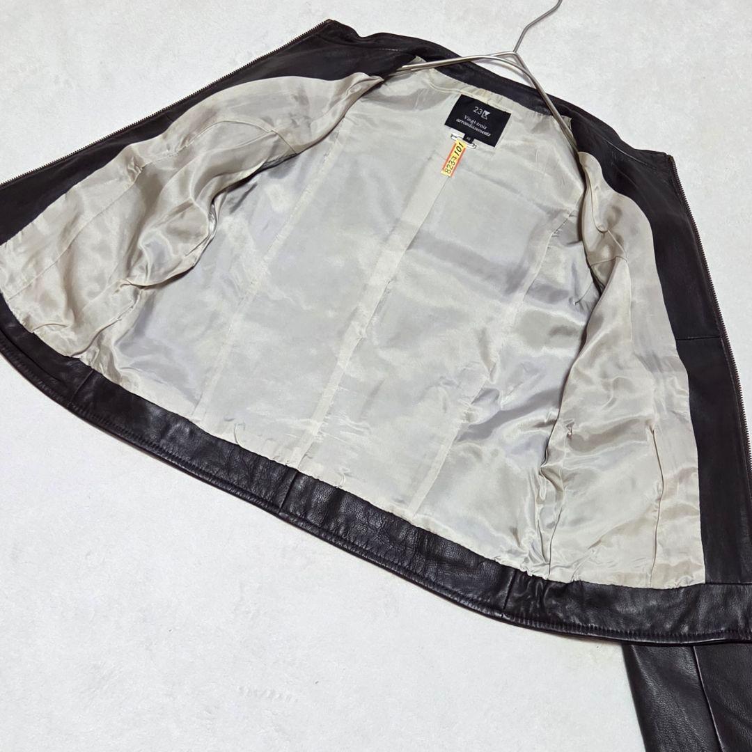 【美品】23区 シングルライダー ノーカラー レザージャケット ブラウン L