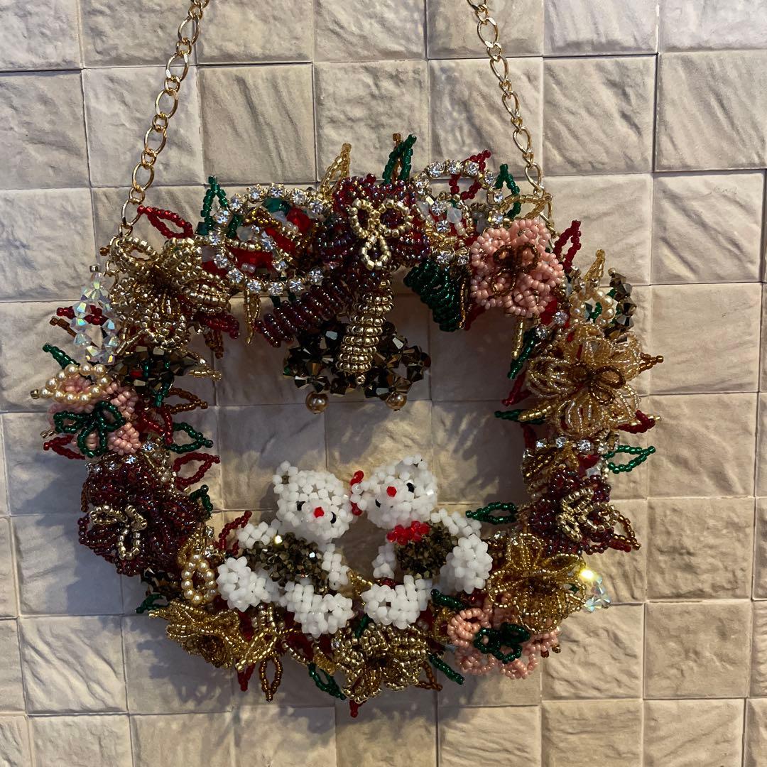 ＊ビーズとスワロフスキーのクリスマスツリー2個&サンタ３個&クマのリース＊