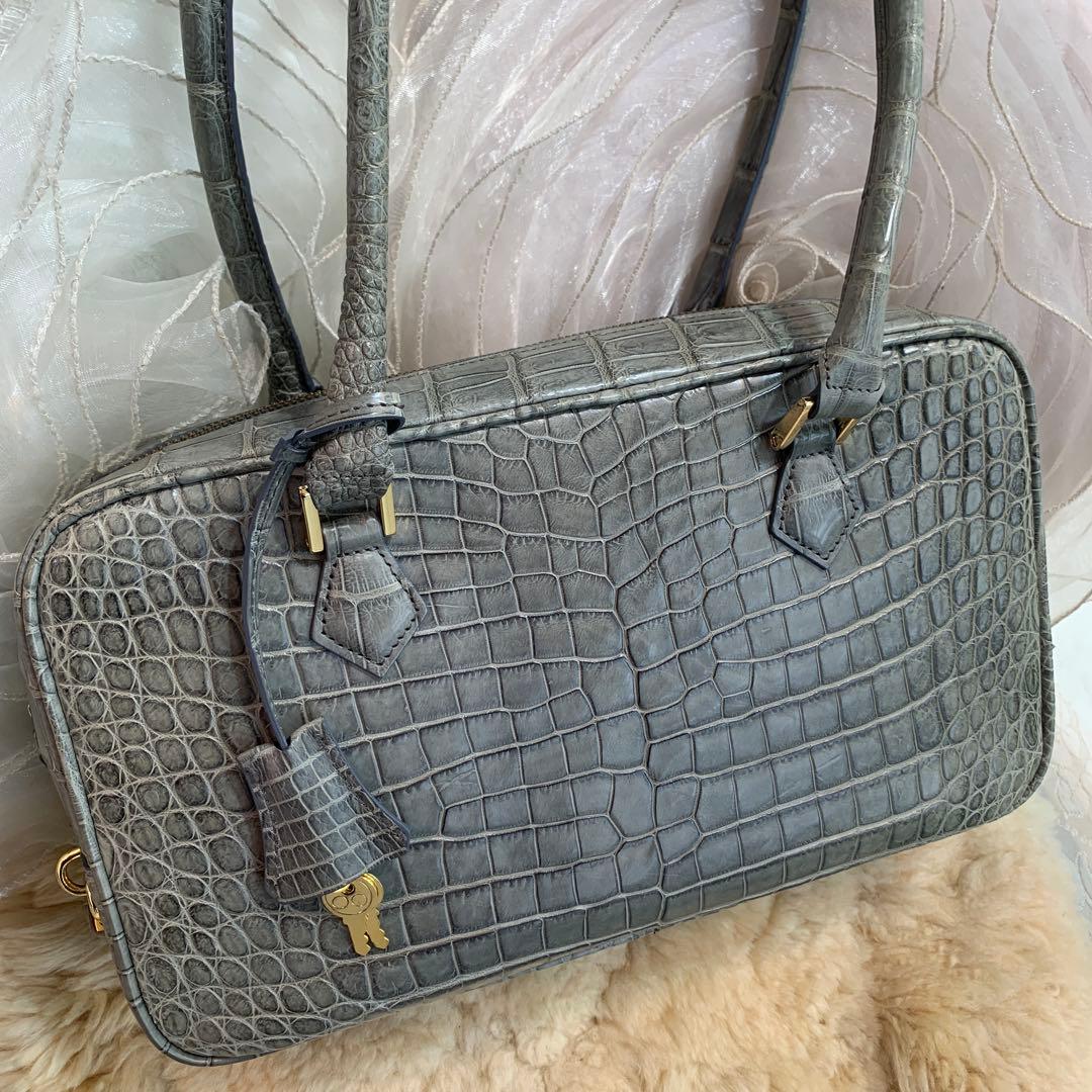 ☆新品同様☆JRA認定 クロコダイル ハンドバッグ スクエア型 グレー