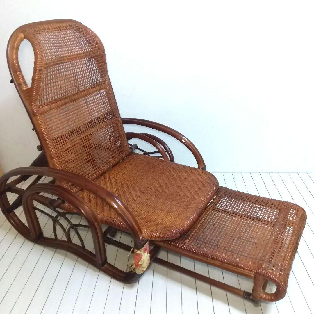 昭和レトロ 花柄　ラタンリクライニングチェア オットマン　ラック付き 籐家具