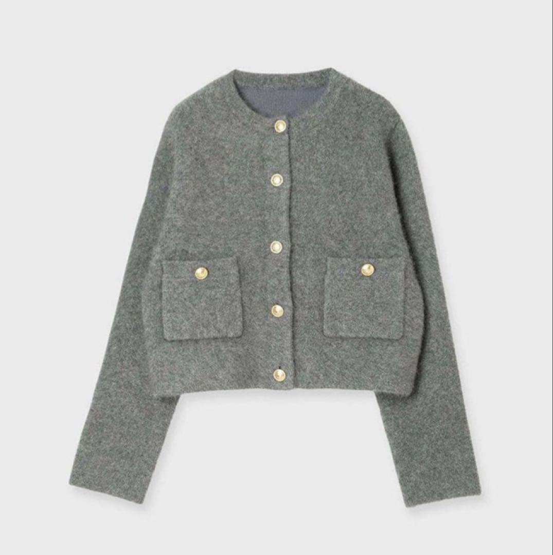 【美品】anuans ラクーンブレンドノーカラーニットジャケット GLAY