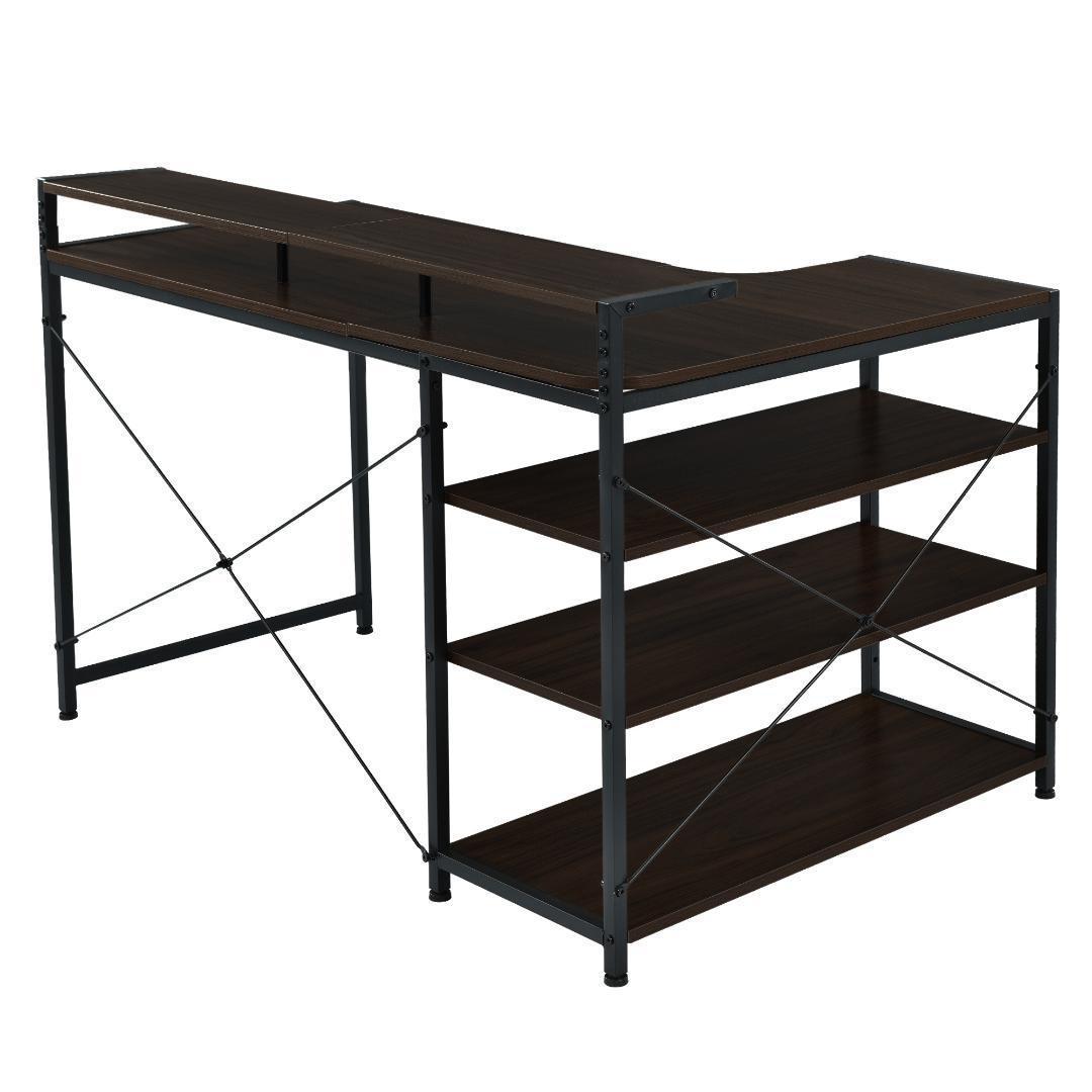 【ダークブラウ】パソコンデスク L字 120cm 3段ラック付 ハイデスク付き