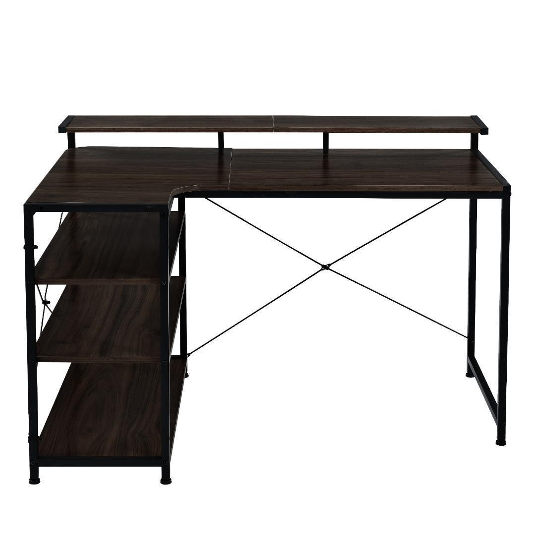 【ダークブラウ】パソコンデスク L字 120cm 3段ラック付 ハイデスク付き