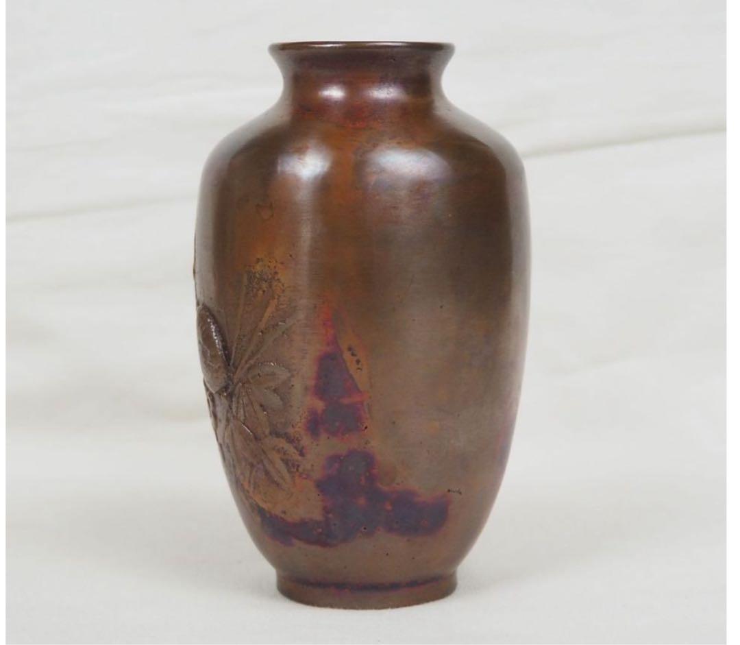 送料無料　新潟無形文化財　原 惣右エ門三代晴雲造　斑紫銅花瓶　共箱・栞