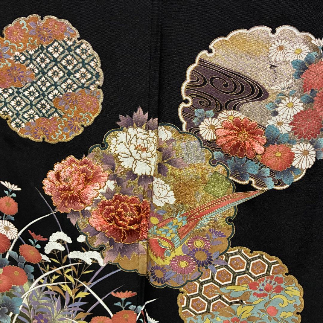 D4 黒留袖 ますいわや 雪輪 花刺繍 金彩 正絹着物 袷 しつけ糸未使用極美品