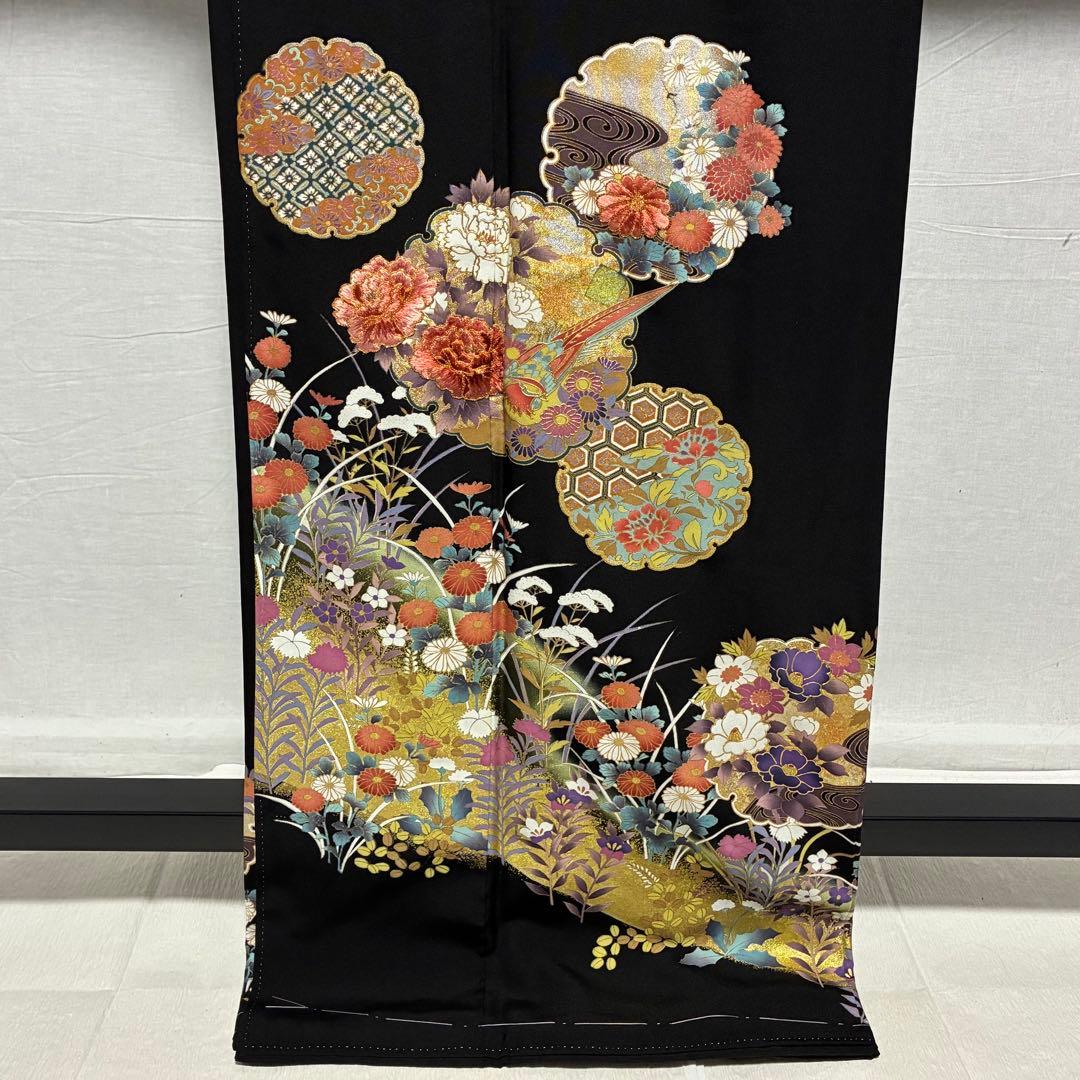 D4 黒留袖 ますいわや 雪輪 花刺繍 金彩 正絹着物 袷 しつけ糸未使用極美品