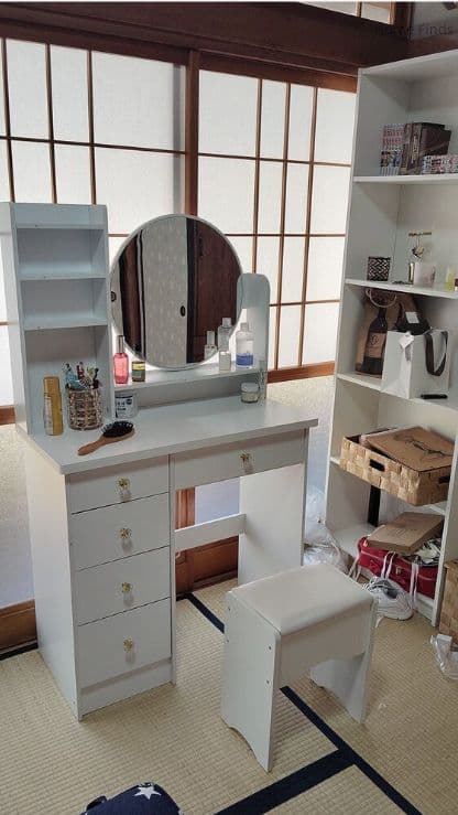 メイク台 サイド収納 ライト付き 幅 47.5cm ホワイト スツール付き