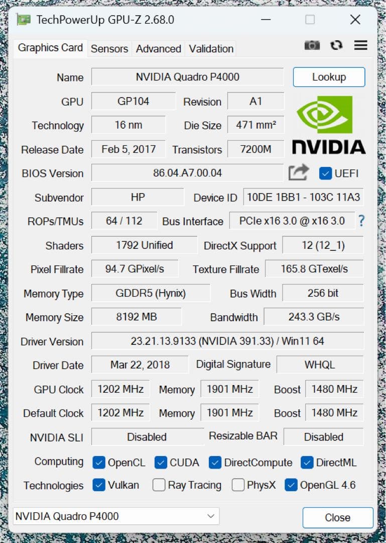 NVIDIA Quadro P4000 8GB グラフィック HP純正 動作品
