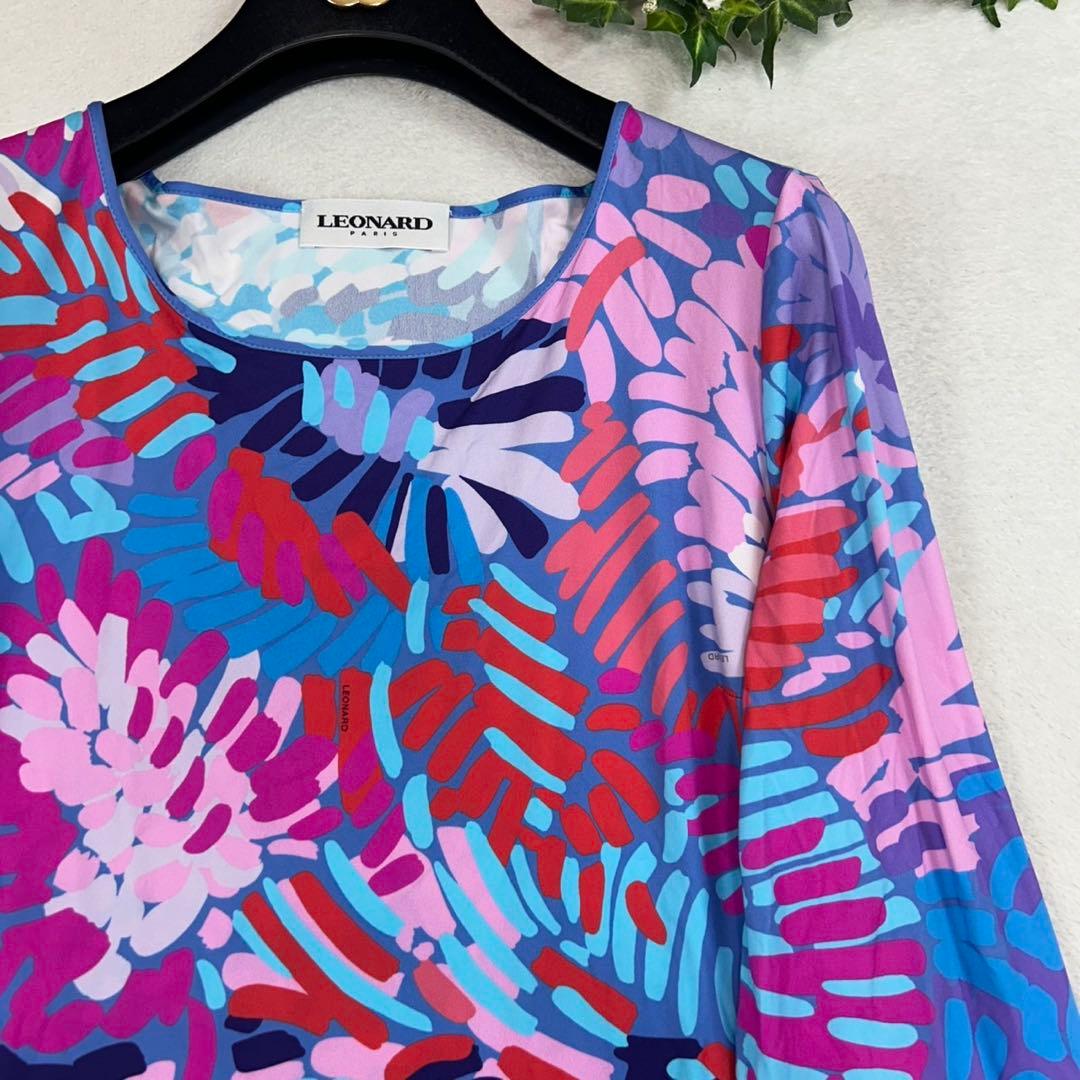 K552 新品未使用 L レオナール 総柄 ひざ丈ワンピース ブルー レディース