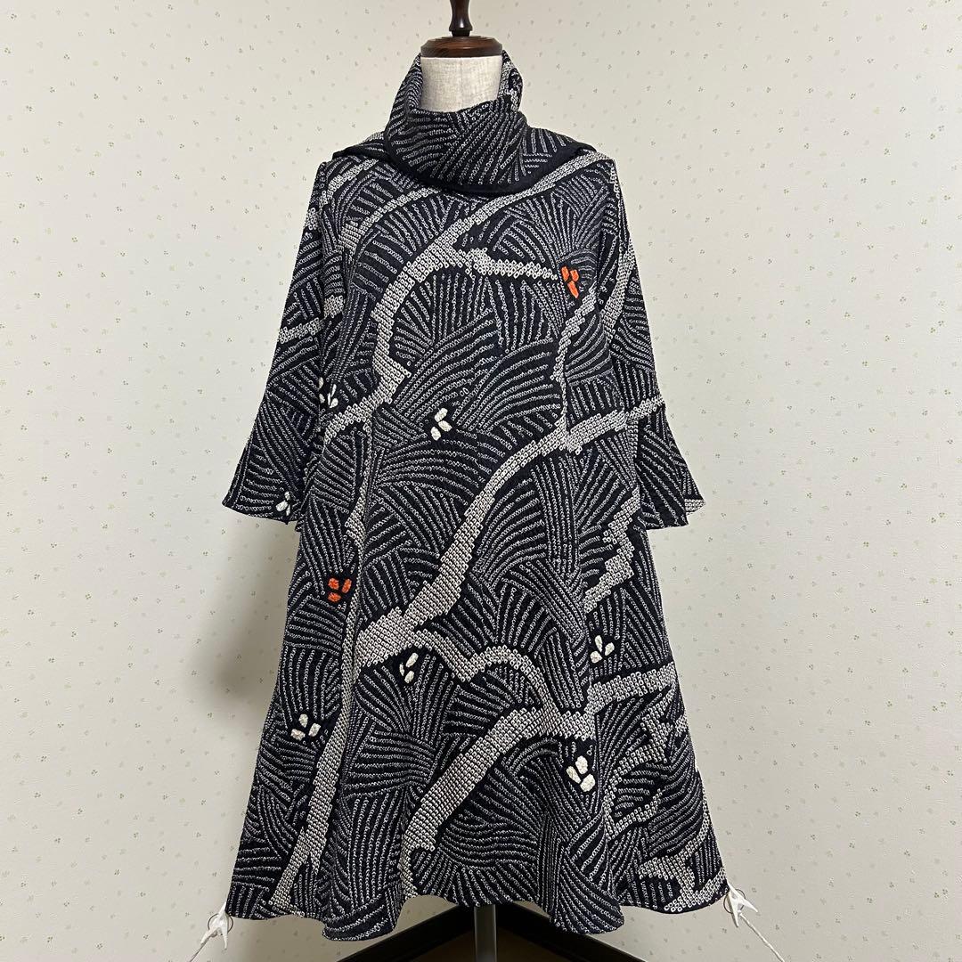 着物リメイク　新品正絹総絞りベルスリーブハート型ネックワンピ＊スヌード