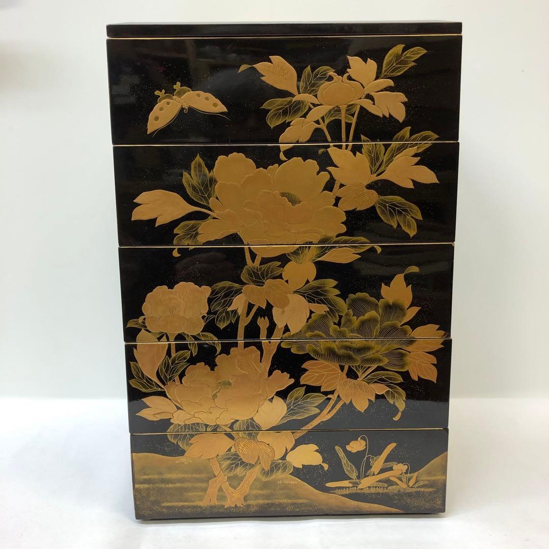 金蒔絵お重　漆器　木製　花鳥図柄　唐獅子図柄　五段重別蓋付き　共箱無