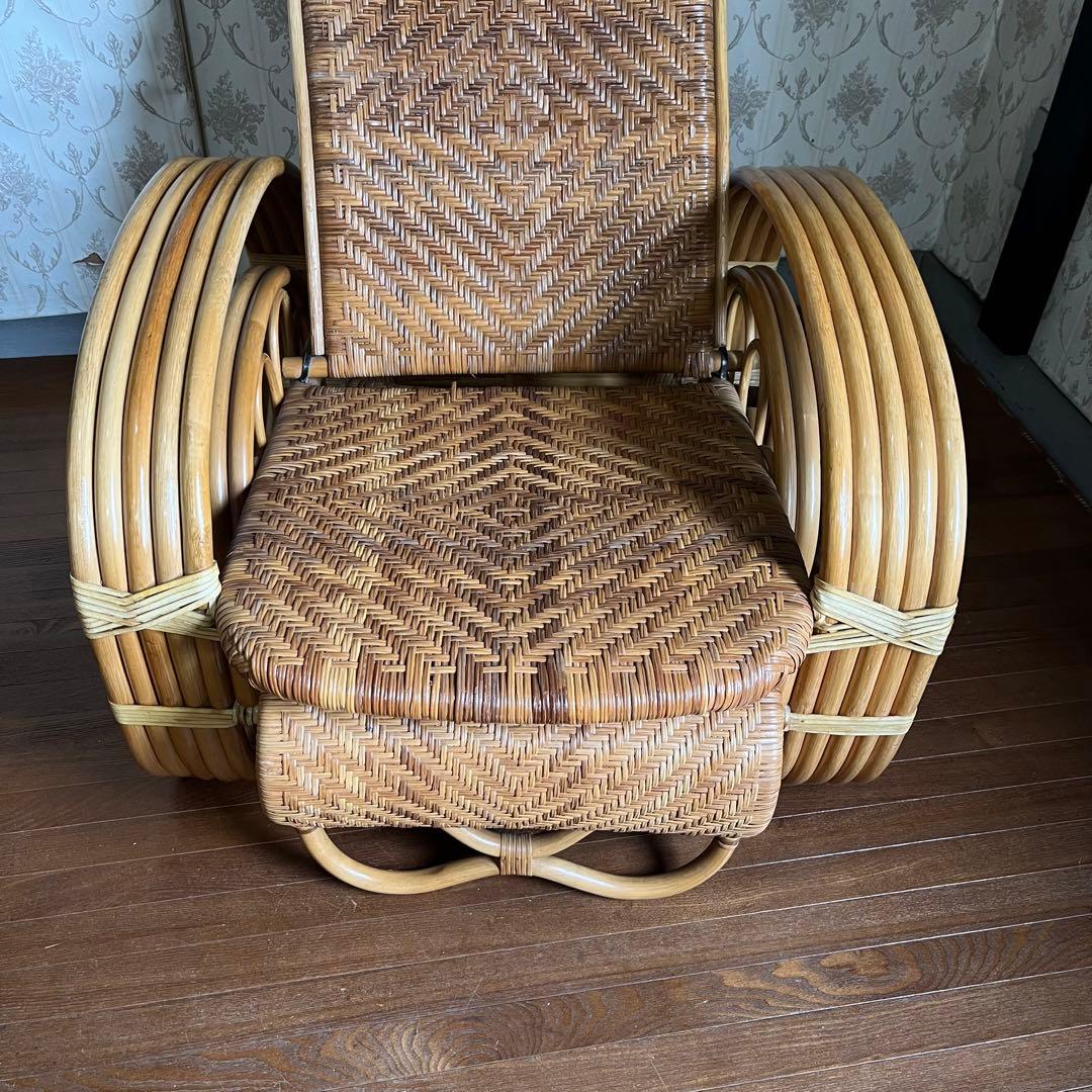 【アンティーク】籐 ラタン リクライニングチェア オットマン付き 古家具 古民家