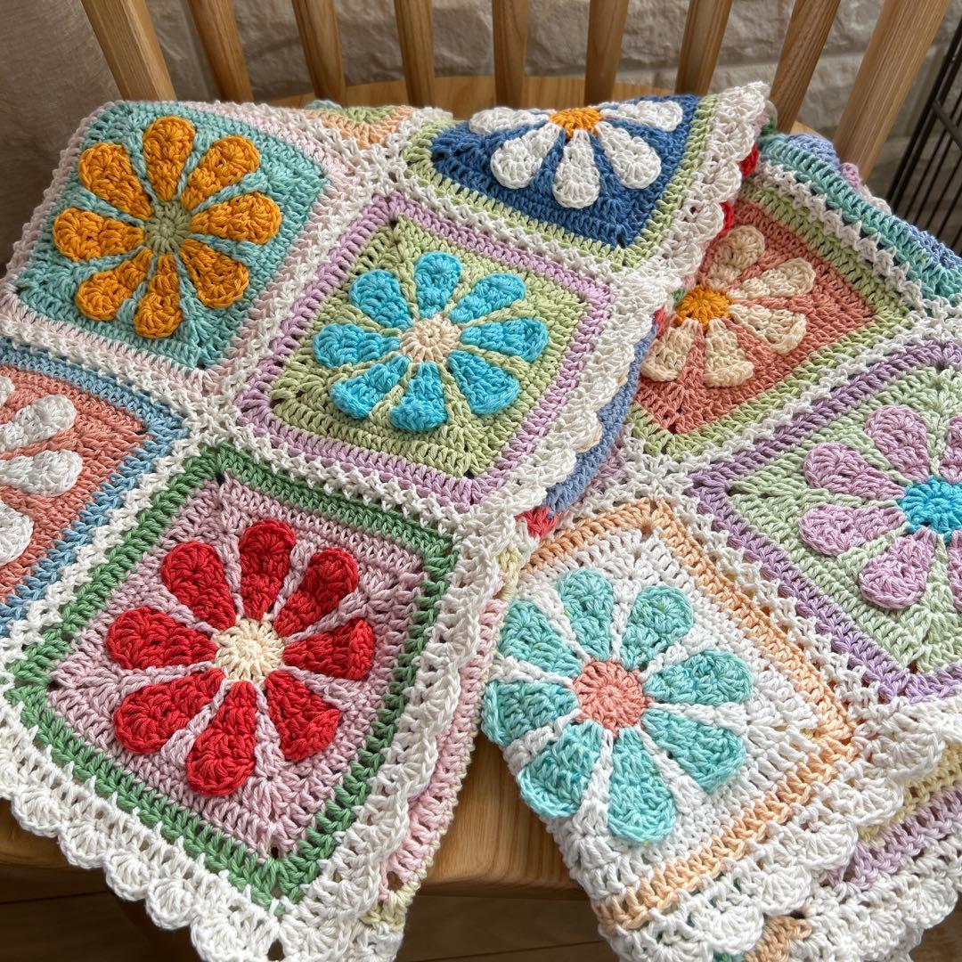 お花のモチーフ編み マルチカバー ブランケット コットン デイジー カラフル