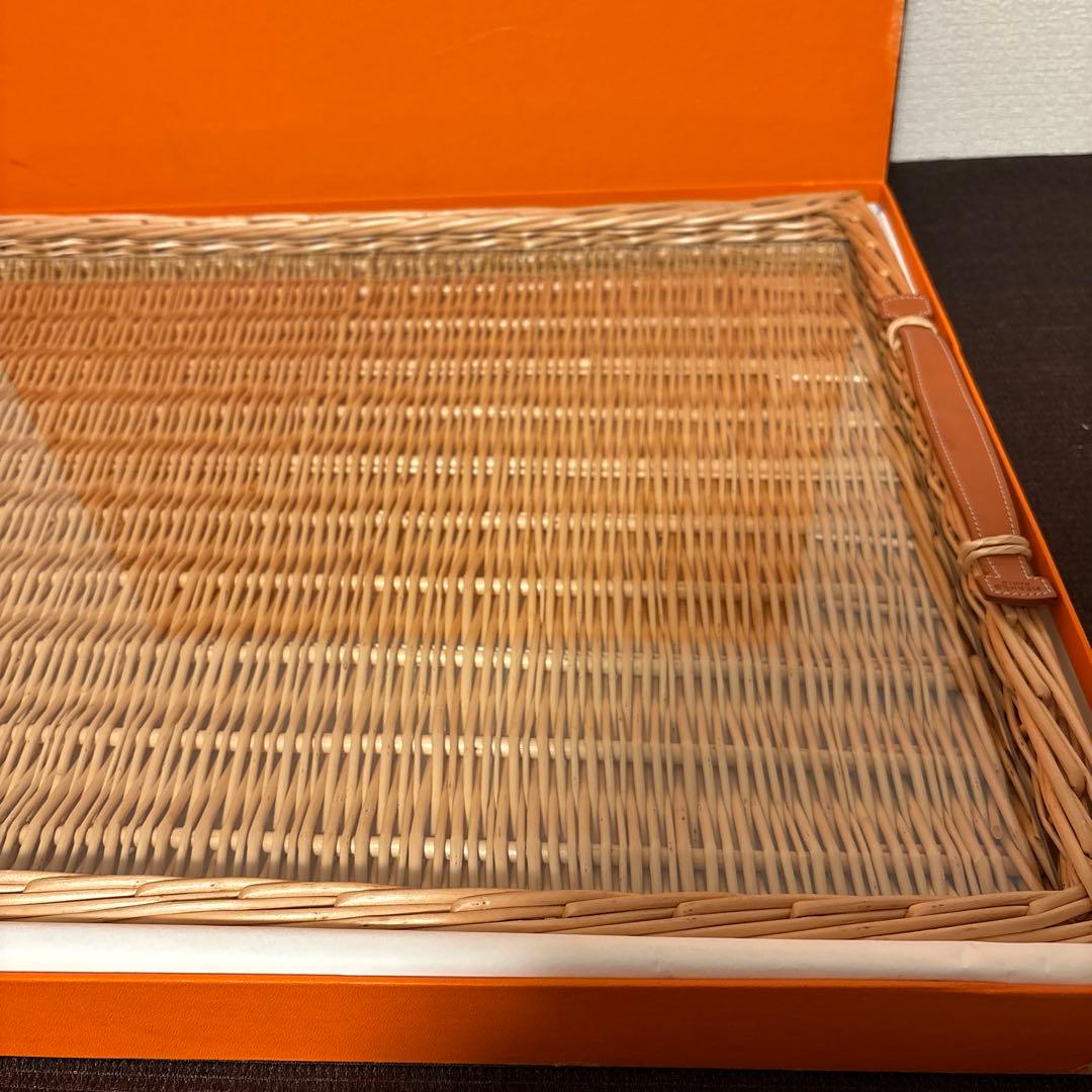エルメス　レクタンギュラートレー　MM ラタン　ガラス　トレイ