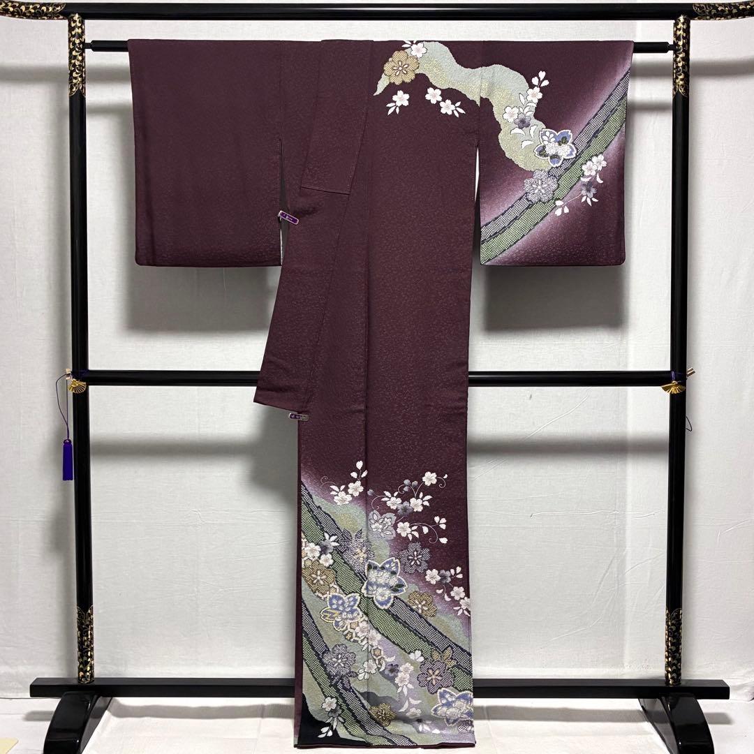 D133 訪問着 桜 鹿の子柄 紫 正絹 着物 袷 極美品