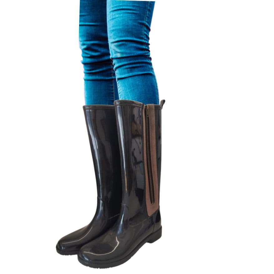 ◆げんこつ◆　イタリア製　ブラックロングレインブーツ　モカライン