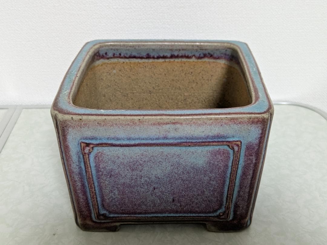 均窯釉額入正方盆栽鉢　落款「柴勝」　幅12.5㎝×奥12.5㎝×高8.5㎝