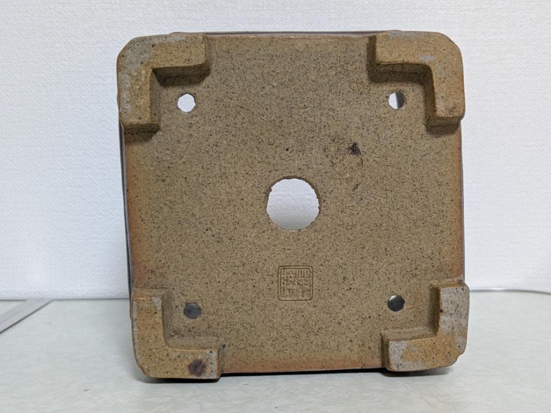 均窯釉額入正方盆栽鉢　落款「柴勝」　幅12.5㎝×奥12.5㎝×高8.5㎝