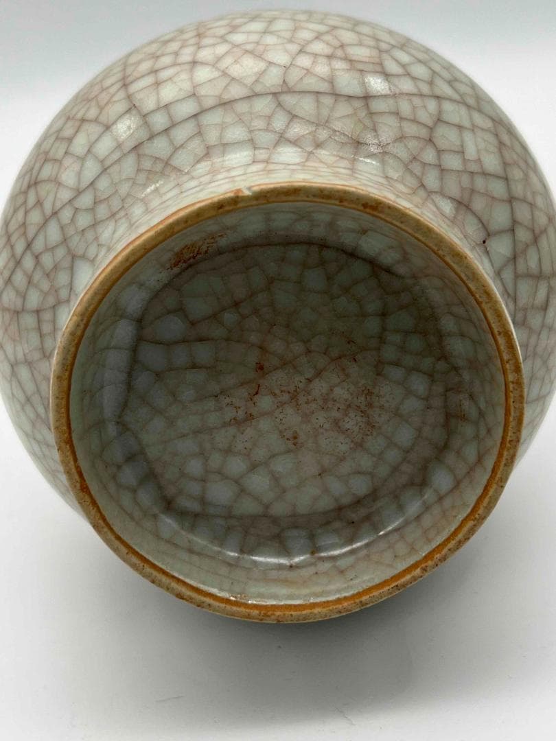 宋時代　青磁　哥窯双獸耳弦文盤口瓶　【旧家蔵出し】花瓶 水注 花入れ(A-57)