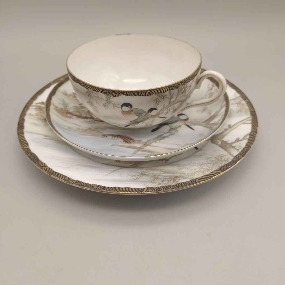 明治時代　大日本　高坂造　横浜焼　 エッグシェル　トリオ　里帰り　花鳥図