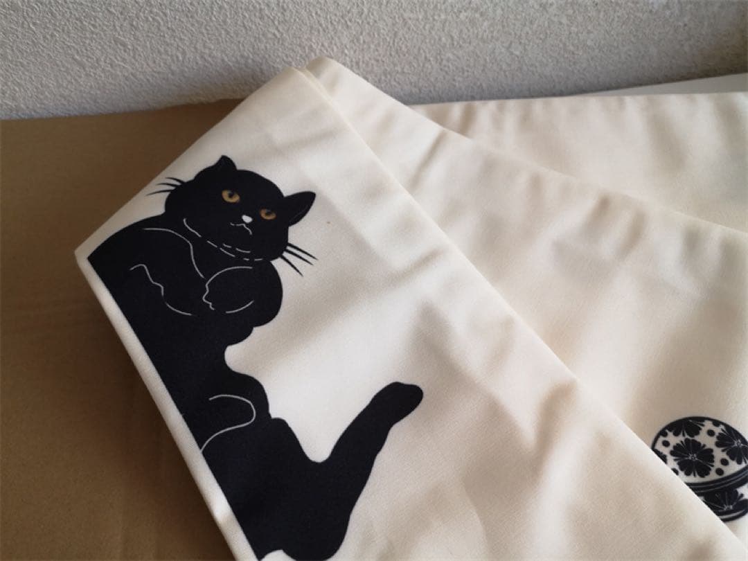 猫柄 半幅帯 白