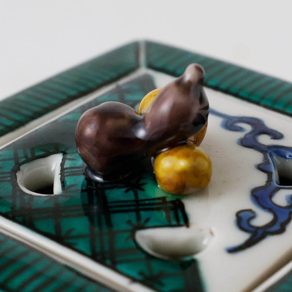 T　九谷焼　清香造　三保松原図　瓢箪　香具　茶道具　茶器　陶器　色絵　共箱