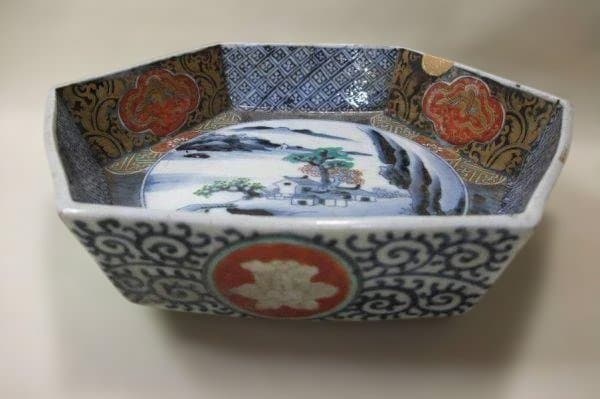 伊万里 色絵 山水 蛸唐草 六角 二重高台 金継 骨董 時代物