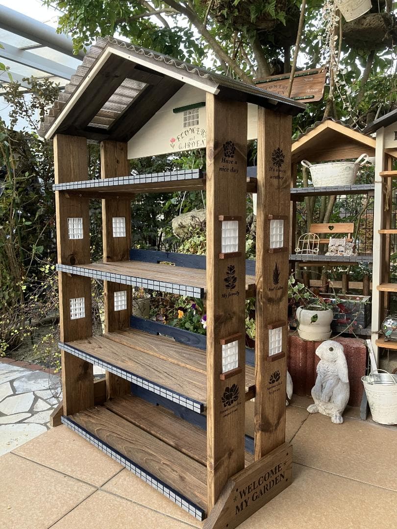 No24 三角屋根の簡単移動棚4段Flower end　Garden　brown