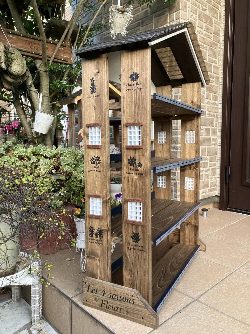 No24 三角屋根の簡単移動棚4段Flower end　Garden　brown