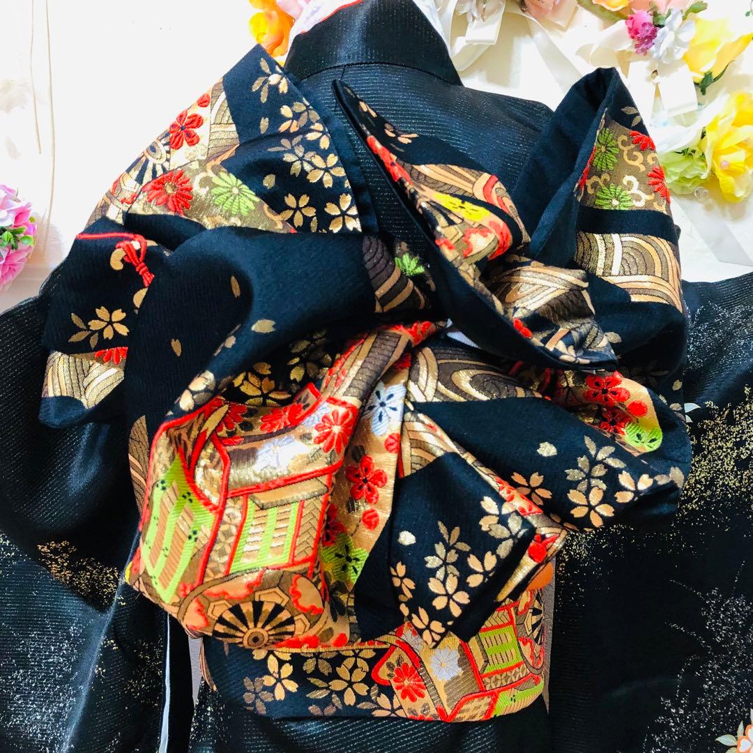 七五三七歳❣️豪華黒地ラメ花々金彩⭐︎正絹全通袋帯刺繍煌びやか⭐︎完全フルセット