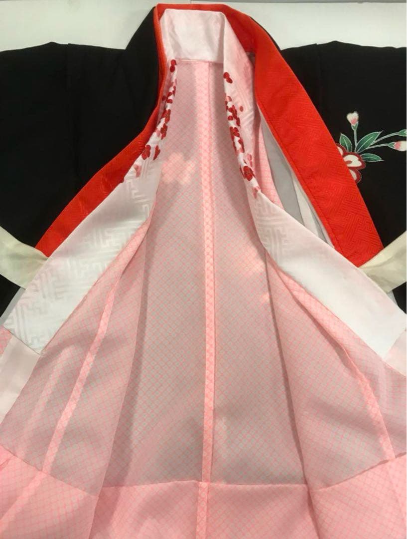 七五三　7歳女の子　着物セット　黑地に手毬と桜　市松　金刺繍