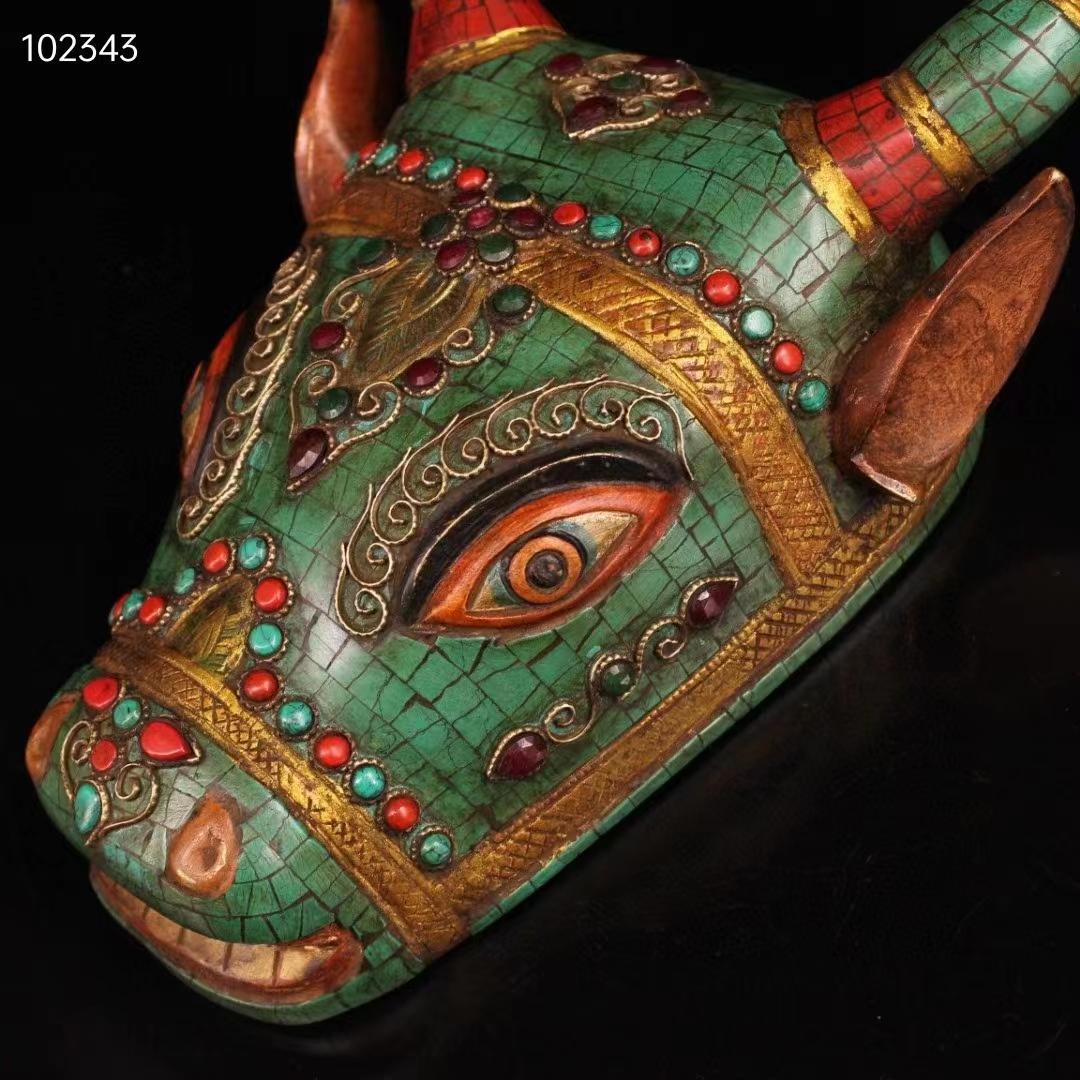 中国古美术・チベット収蔵・古純銅制・純手描き・宝石を嵌め牛頭・彩繪描金・文房置物