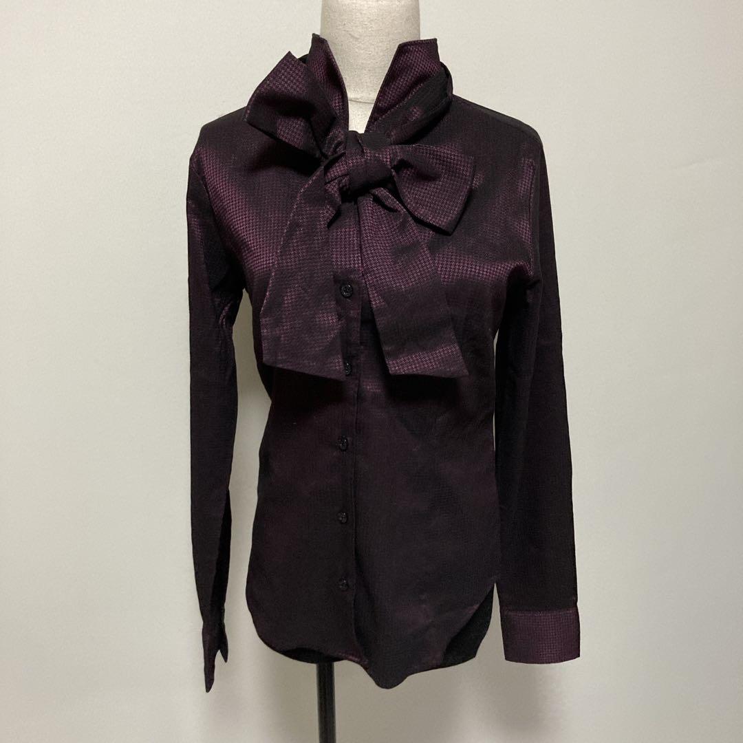 【未使用タグ付き】ナラカミーチェ　パープル　光沢　ボウタイリボンブラウス　長袖