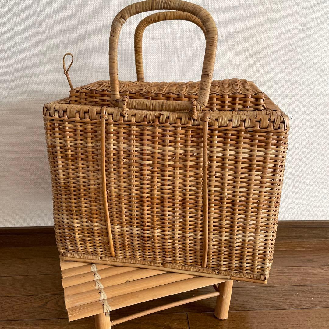 【希少】昭和レトロ ナチュラル色 蓋付き 大型 バスケット 竹製台付き
