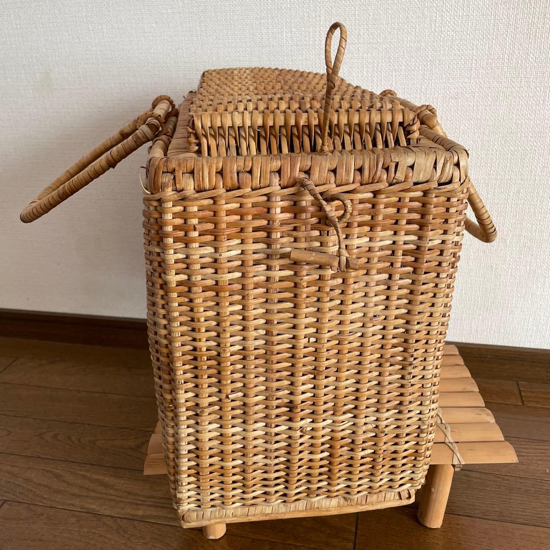 【希少】昭和レトロ ナチュラル色 蓋付き 大型 バスケット 竹製台付き