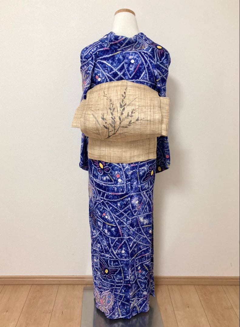 浴衣　有松鳴海絞り　蝶と幾何学　裄66.5cm