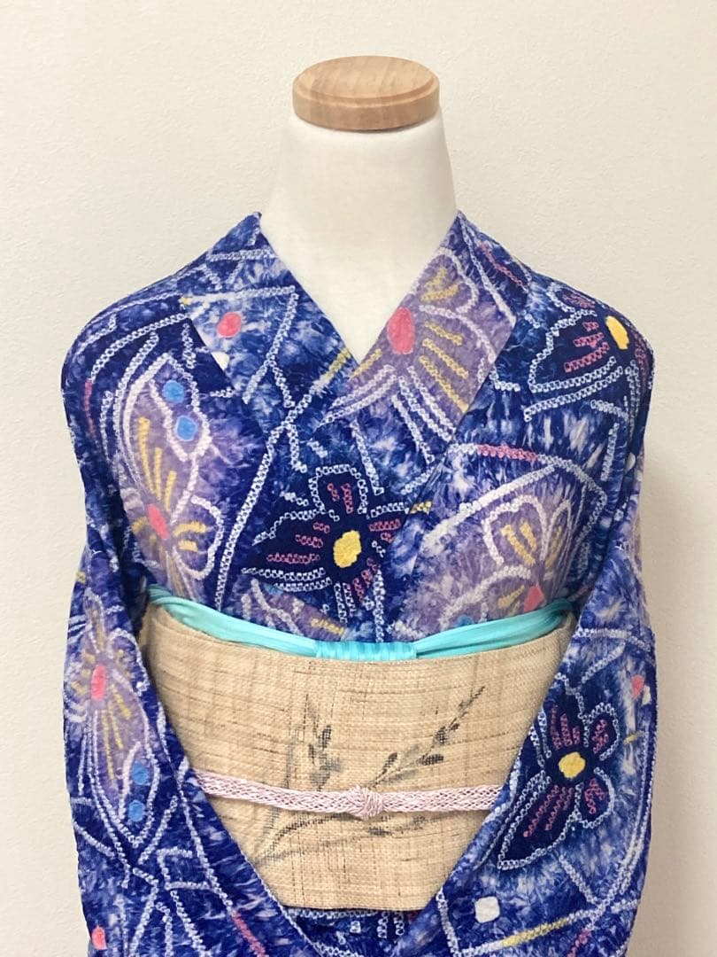 浴衣　有松鳴海絞り　蝶と幾何学　裄66.5cm