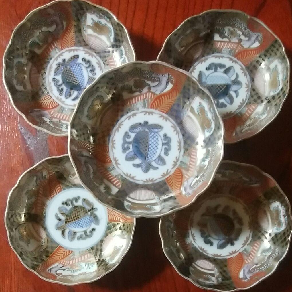 149  明治時代　伊万里焼　色絵金採　膾皿5客