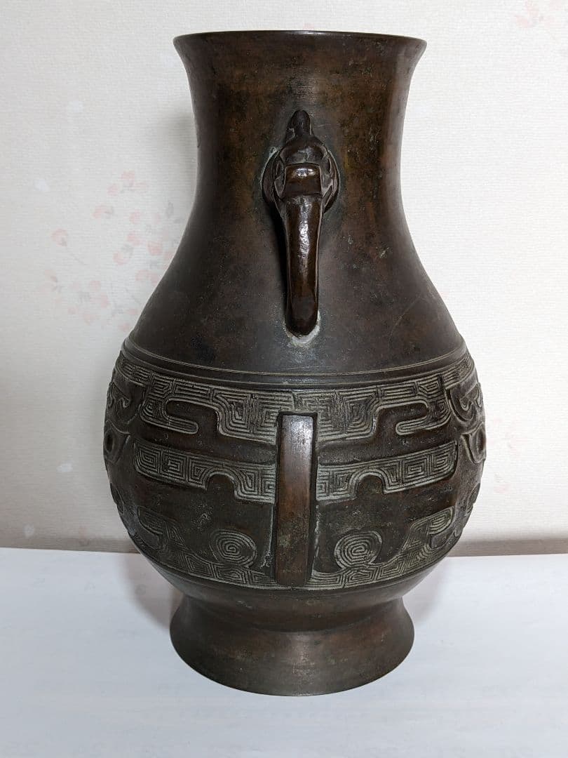⭐️唐金 饕餮文龍双耳瓶 明治時代 茶道具 花活け 華道 花生花器 青銅 骨董品